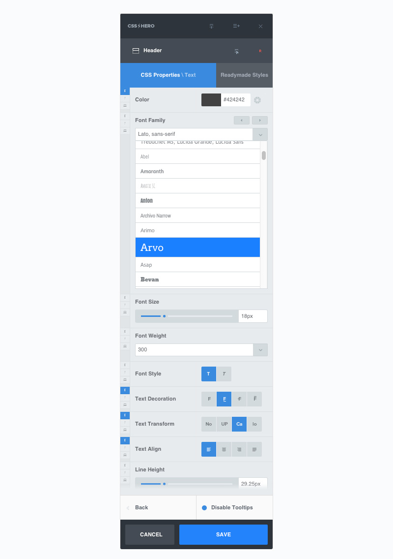 The fonts list in CSS Hero