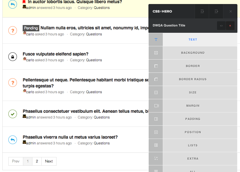 Opening the Text section in the CSS Hero Interface.