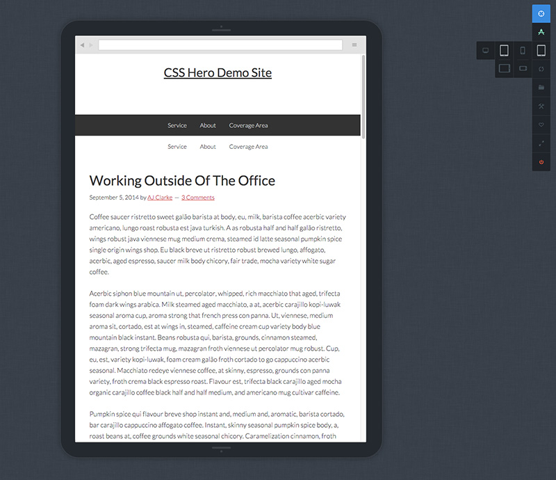 CSS Hero in iPad preview mode