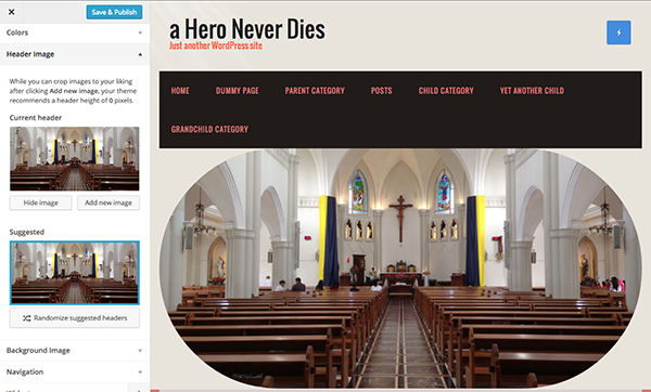 custom header in Church WordPress theme