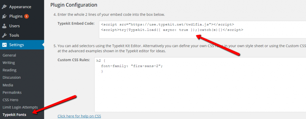 TypeKit Fonts for WordPress plugin - embed code
