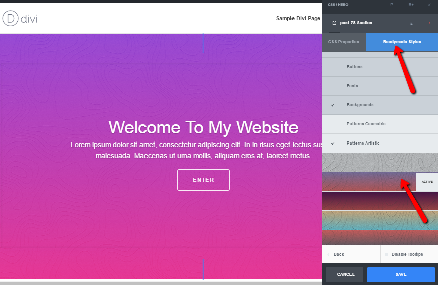 Apply gradients from CSS Hero's Readymade Styles library to your website