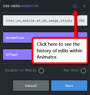 Access the history of edits in CSS Hero Animator