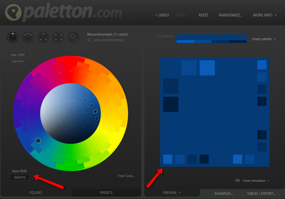 Pick a base color and generate a monochromatic palette with Paletton