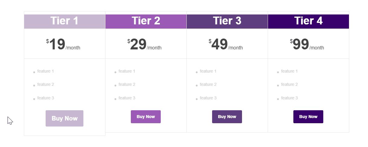 Pricing table animation